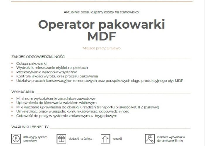 Grajewo ogłoszenia: Praca na stanowisku: Operator pakowarki MDF (firma: Pfleiderer MDF...