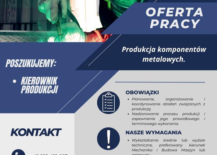 Grajewo ogłoszenia: Zatrudnimy kierownika produkcji metalowej. Produkcja lekkich...