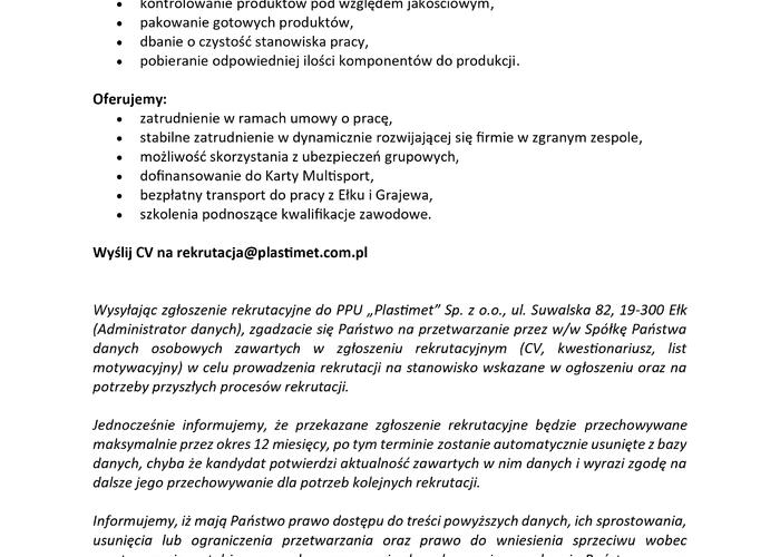 Grajewo ogłoszenia: Przedsiębiorstwo Produkcyjno- Usługowe PLASTIMET Sp. z o.o....