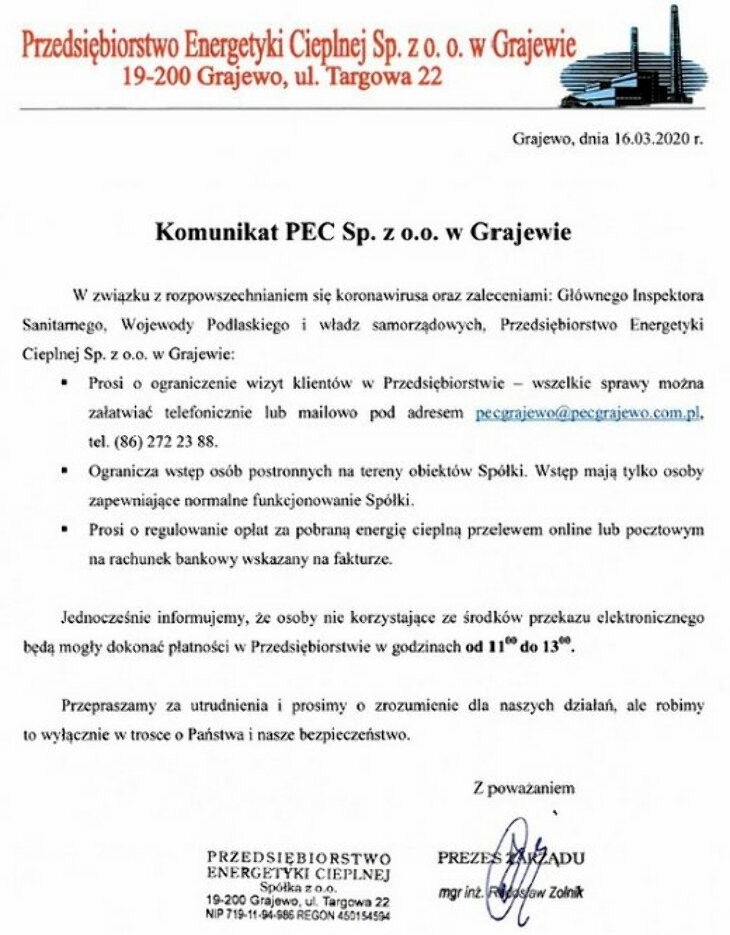 Komunikat PEC w Grajewie
