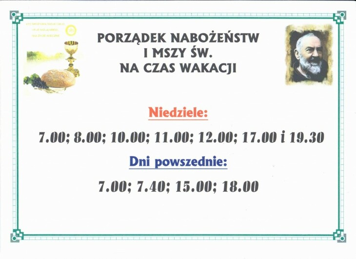 Zmiana na czas wakacji Mszy Świętych w parafii Ojca Pio w Grajewie 