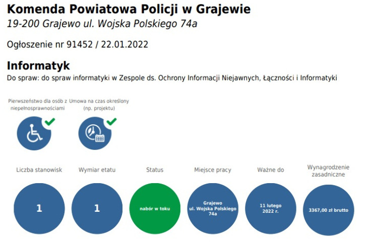 Ogłoszenie: Praca dla informatyka w KPP w Grajewie