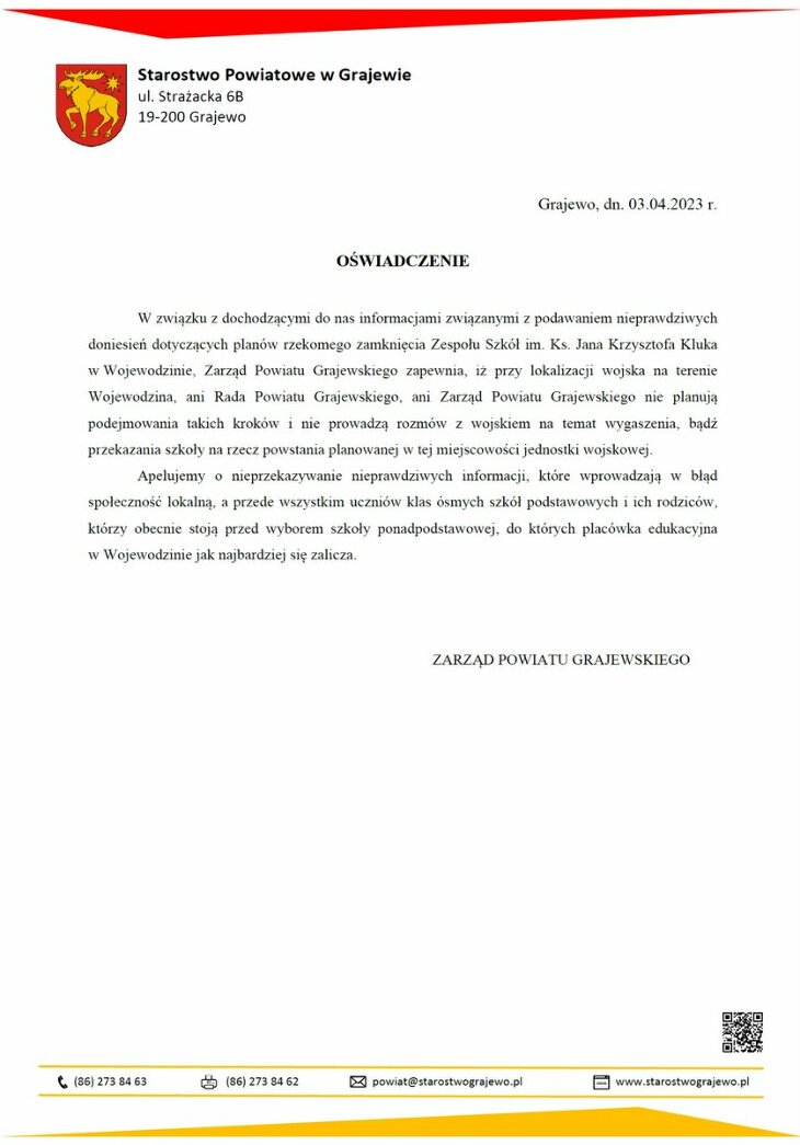 Oświadczenie Starostwa Powiatowego w Grajewie