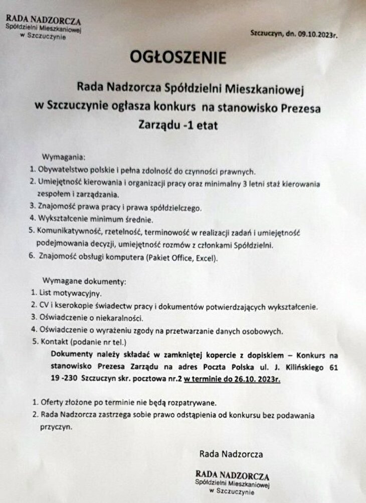 Konkurs na stanowisko Prezesa Spółdzielni Mieszkaniowej w Szczuczynie