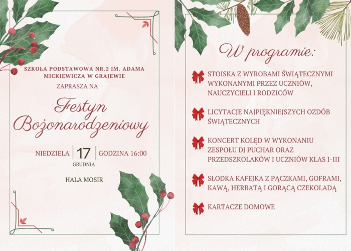 Zaproszenie na XIII Festyn Bożonarodzeniowy w SP nr 2 (17.12)