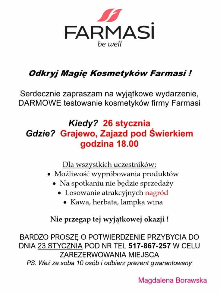 Pokaz produktów firmy Farmasi - przetestuj za darmo! (26.01)
