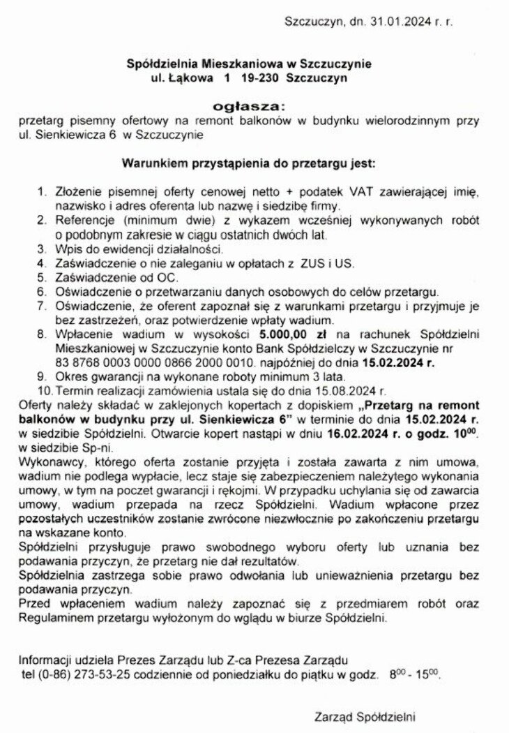Szczuczyn. Ogłoszenie o przetargu