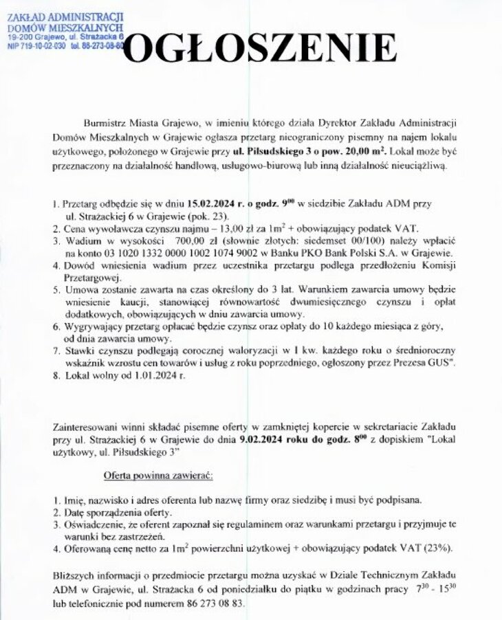 Ogłoszenie o przetargach na najem lokali użytkowych