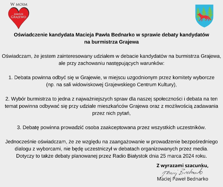 Oświadczenie Macieja Pawła Bednarko w sprawie udziału w debacie