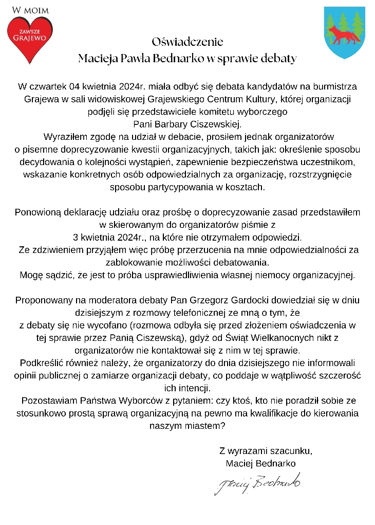 Oświadczenie Macieja Bednarko w sprawie debaty
