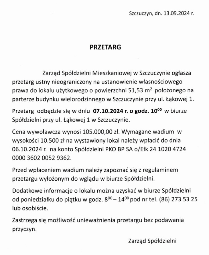 SM Szczuczyn - ogłoszenie o przetargu