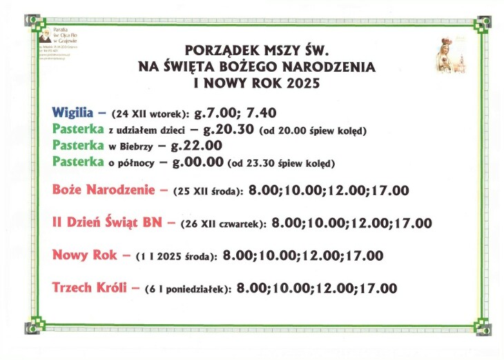 Porządek Mszy Świętych na Święta Bożego Narodzenia i Nowy Rok 