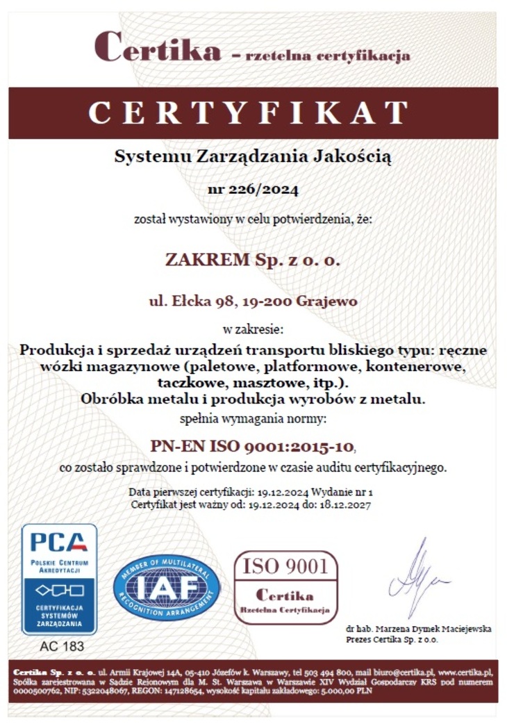 Zakrem z certyfikatem zarzadzania jakością ISO 9001