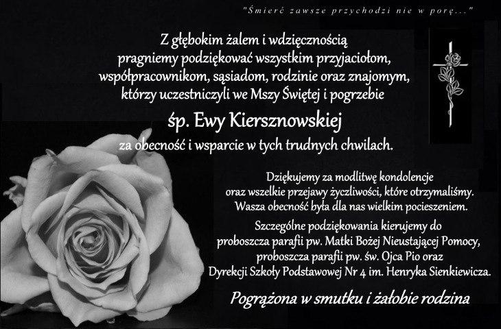 Podziękowania za udział w pogrzebie śp. Ewy Kiersznowskiej