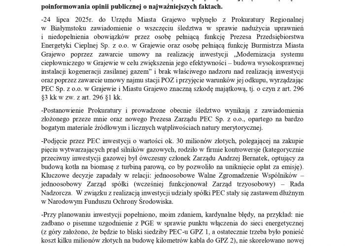 Informacja Burmistrza dotycząca PEC Sp. z o.o.