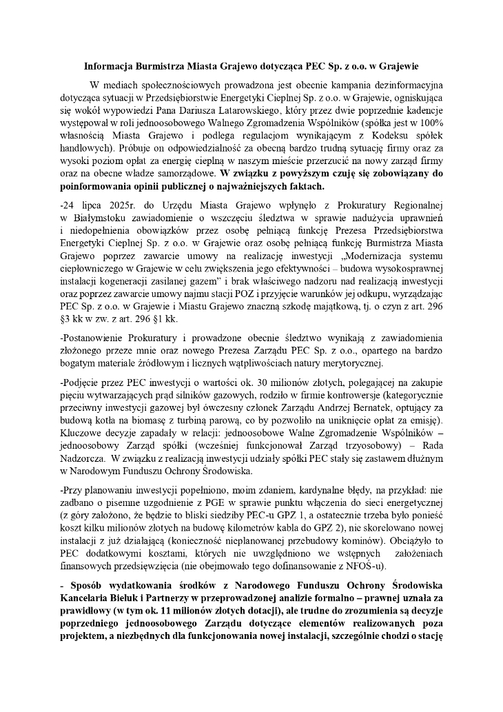 Informacja Burmistrza dotycząca PEC Sp. z o.o.