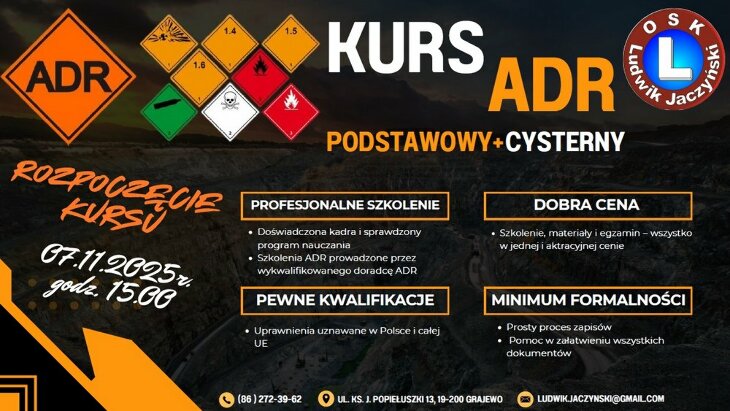 OSK Jaczyński zaprasza - kurs ADR podstawowy + cysterny (7.11)