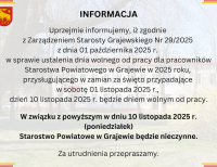 Starostwo Powiatowe w Grajewie nieczynne dn. 10.11.25 r.