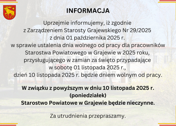 Starostwo Powiatowe w Grajewie nieczynne dn. 10.11.25 r.
