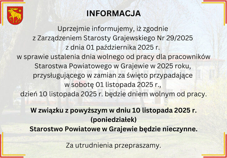 Starostwo Powiatowe w Grajewie nieczynne dn. 10.11.25 r.