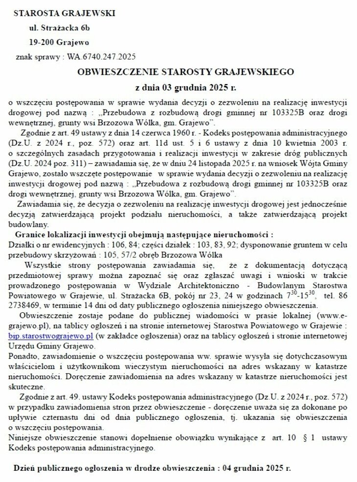 Obwieszczenie Starosty Grajewskiego z 3.12.2025