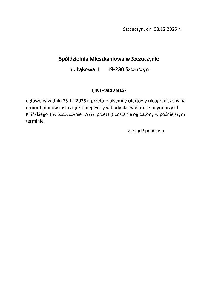 Ogłoszenie Spółdzielni Mieszkaniowej w Szczuczynie 