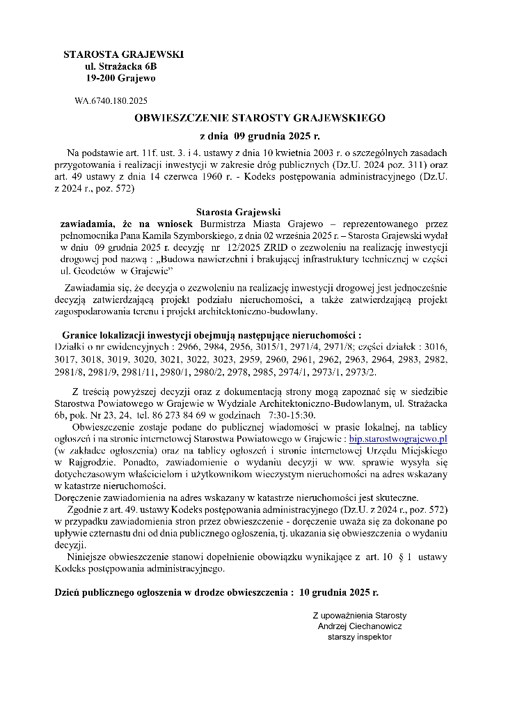 Obwieszczenie Starosty Grajewskiego
