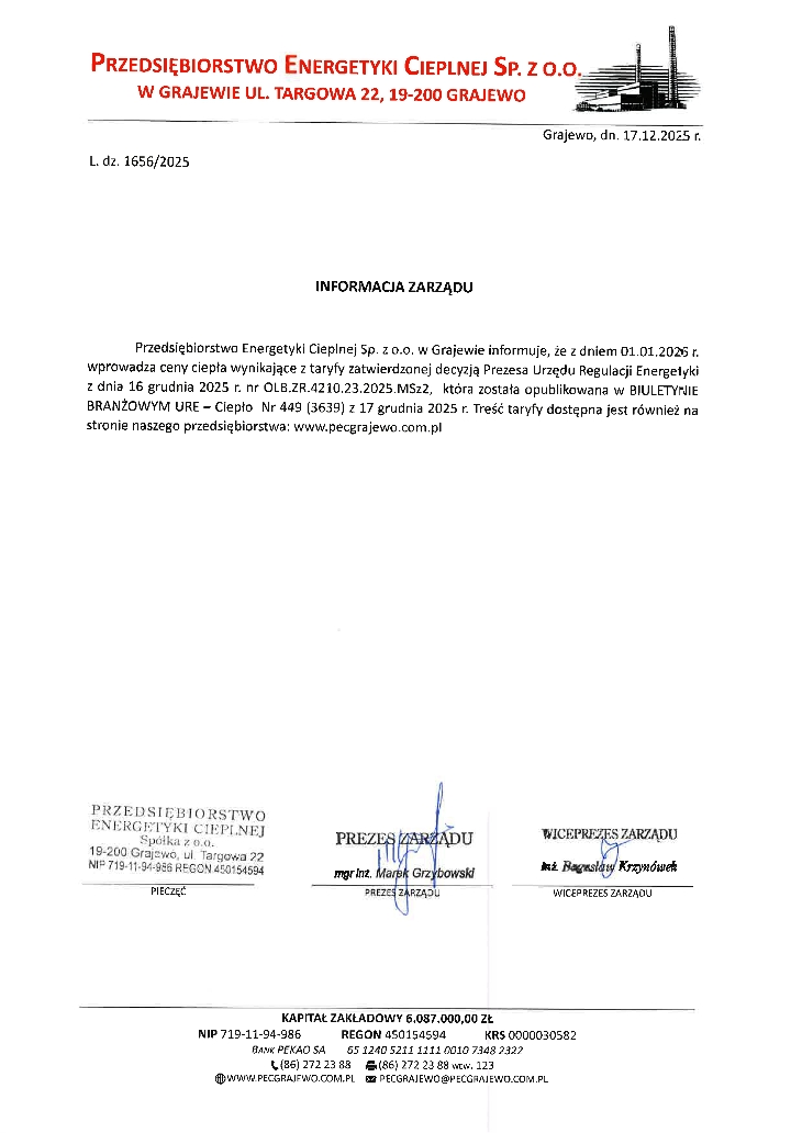 Zarząd PEC Sp z o.o. informuje