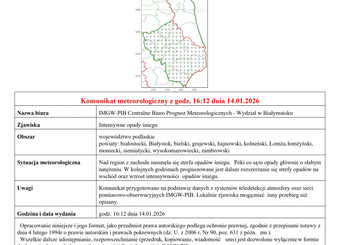 Komunikat meteorologiczny - opady śniegu!
