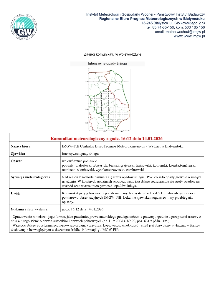 Komunikat meteorologiczny - opady śniegu!