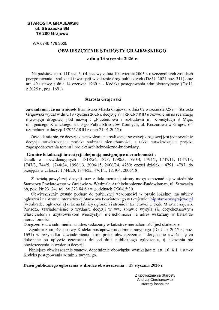 Obwieszczenie Starosty Grajewskiego