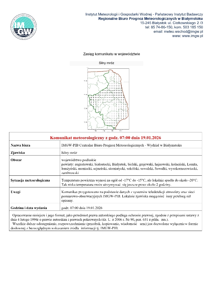 Komunikat meteorologiczny-  sily mróz!