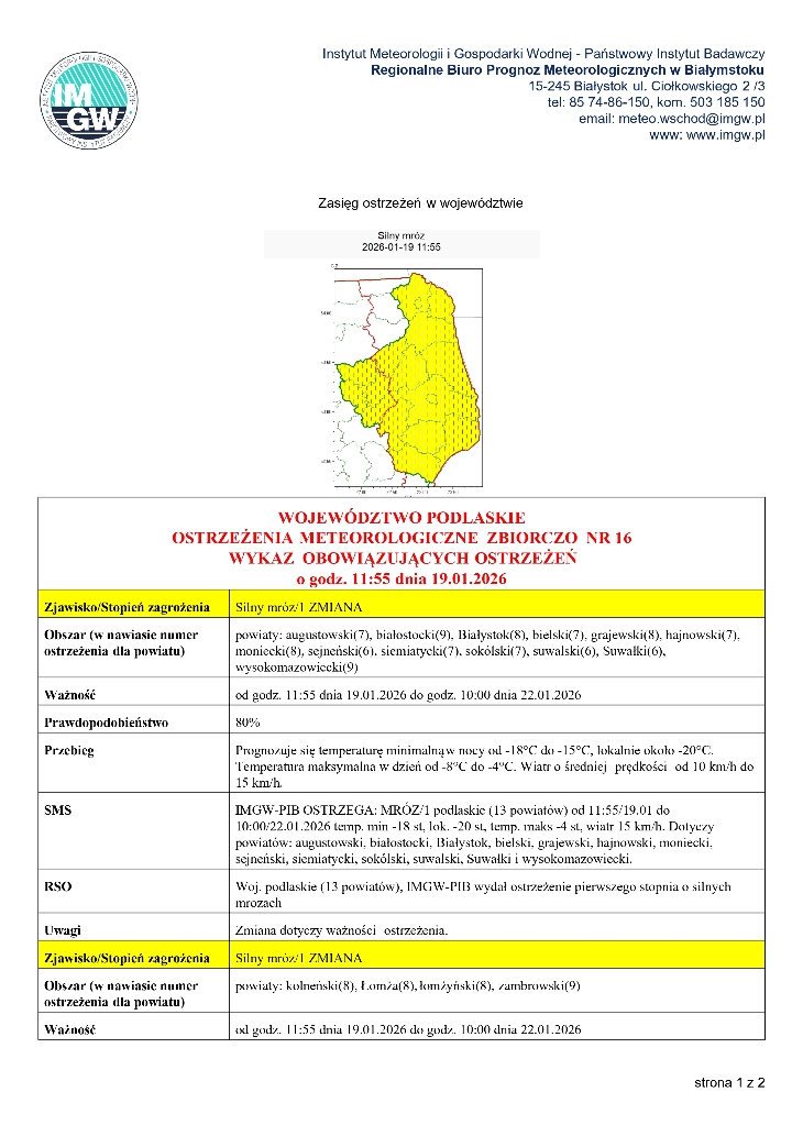 Komunikat meteorologiczny-  mróz do -20C!