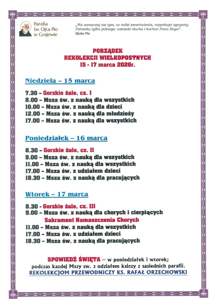 Rekolekcje wielkopostne (15-17.03) parafia pw. Św. O. Pio