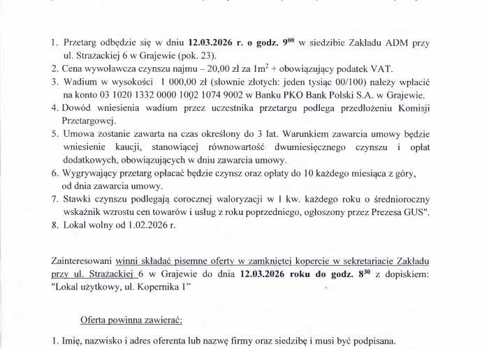 Zakład ADM. Ogłoszenie o przetargu 