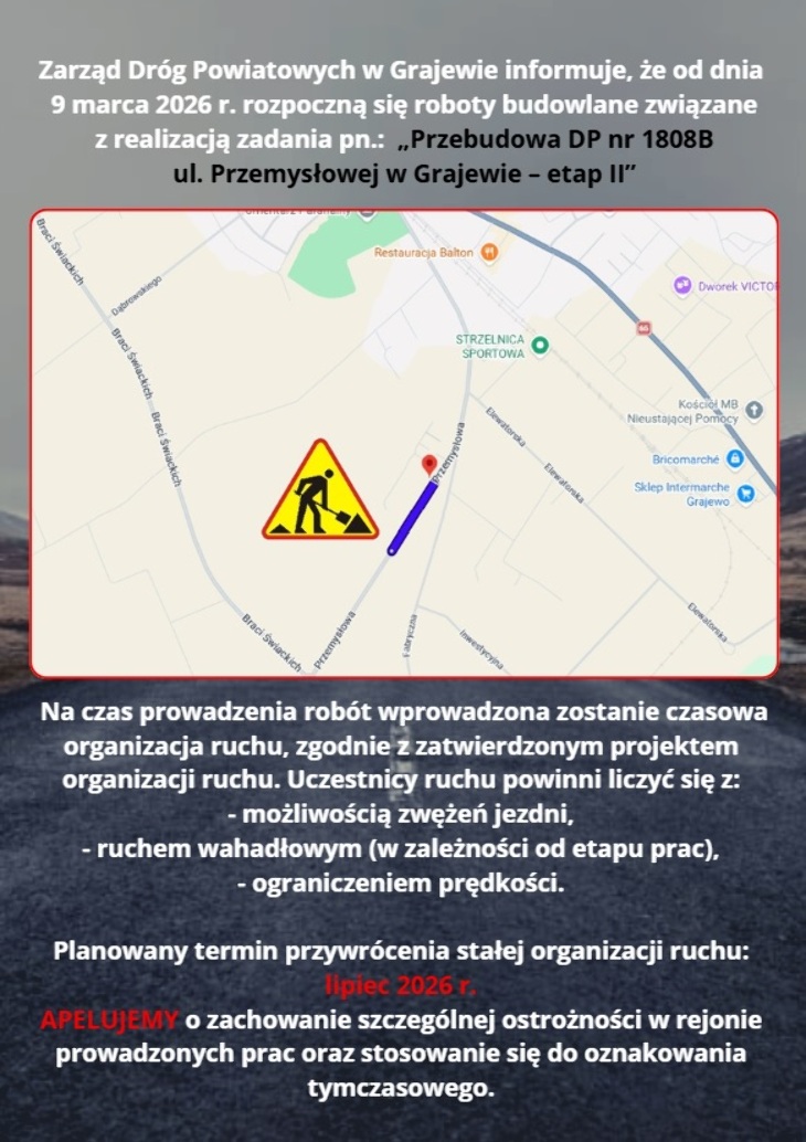 Uwaga. Utrudnienia na ul. Przemysłowej w Grajewie - II etap przebudowy