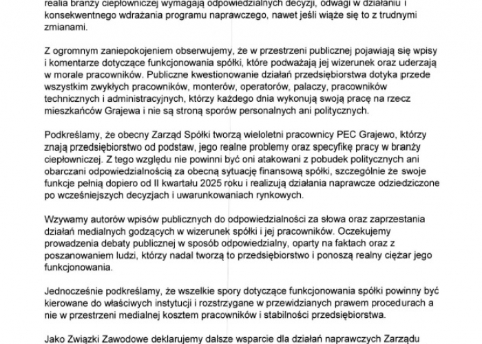 Związki Zawodowe Pracowników PEC popierają działania Zarządu Spółki