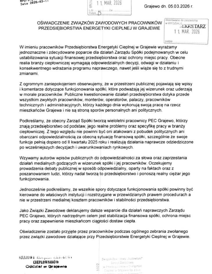 Związki Zawodowe Pracowników PEC popierają działania Zarządu Spółki