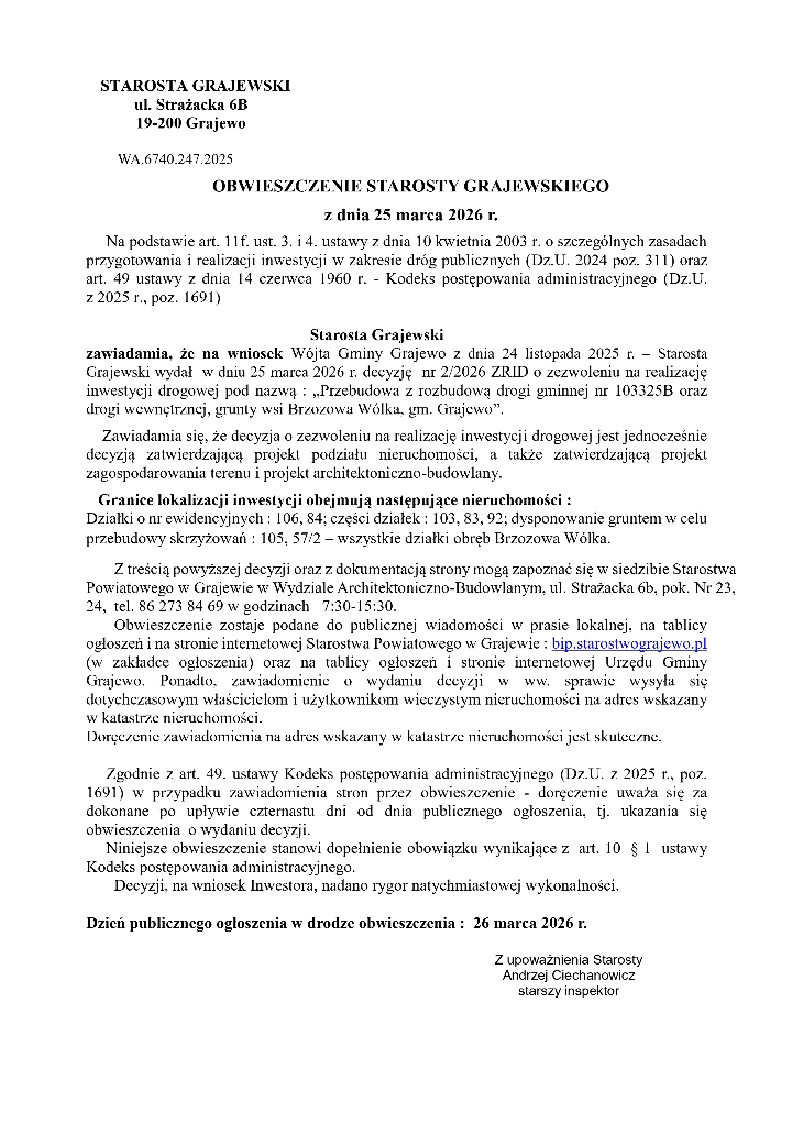 Obwieszczenie Starosty Grajewskiego
