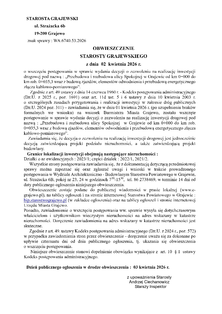 Obwieszczenie Starosty Grajewskiego
