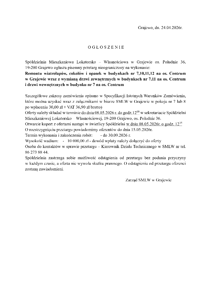 SMLW. Ogłoszenia o przetargach 