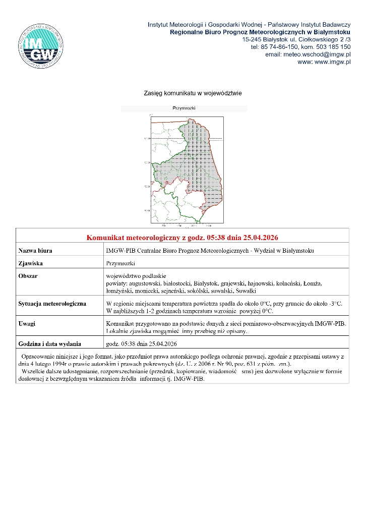 Komunikat IMGW dot. przymrozków