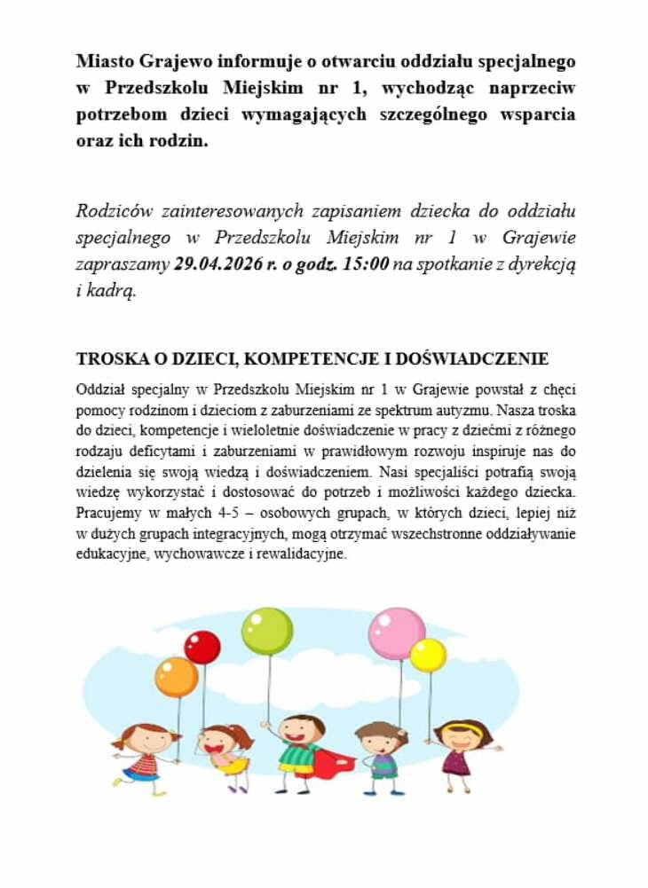 Przedszkole nr 1 w Grajewie otwiera grupę specjalną
