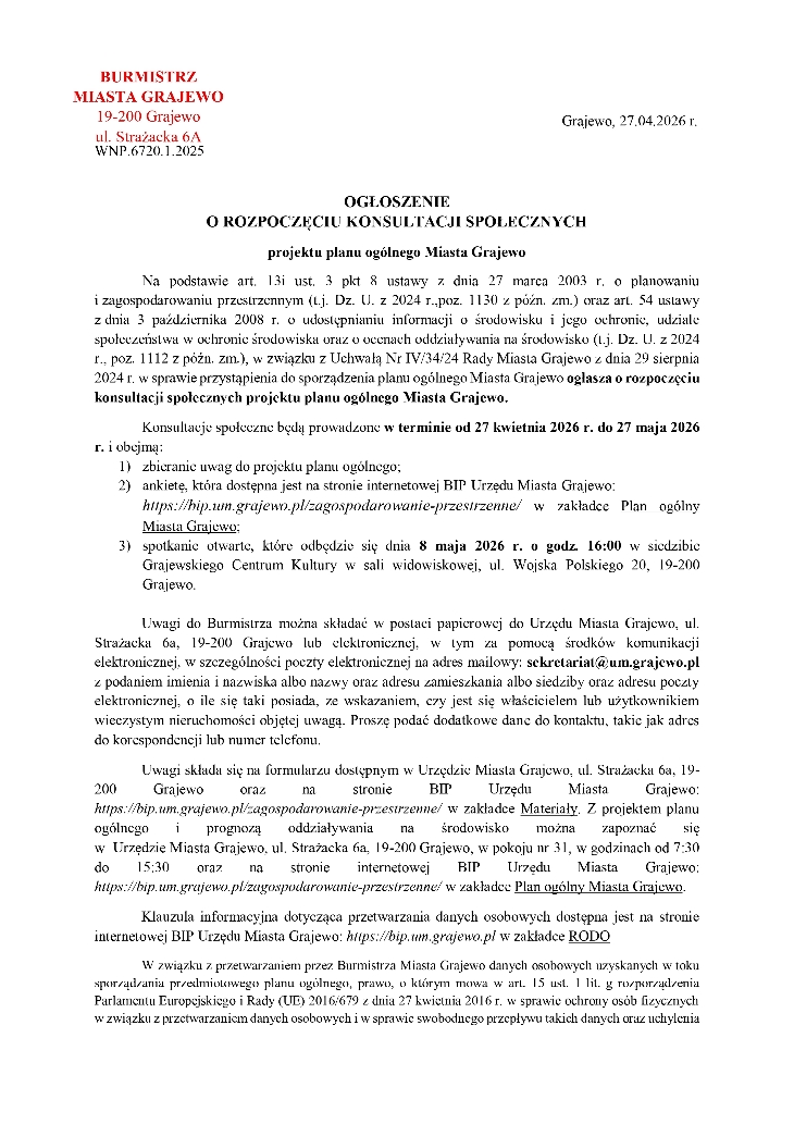 Ogłoszenie o konsultacjach społecznych POG