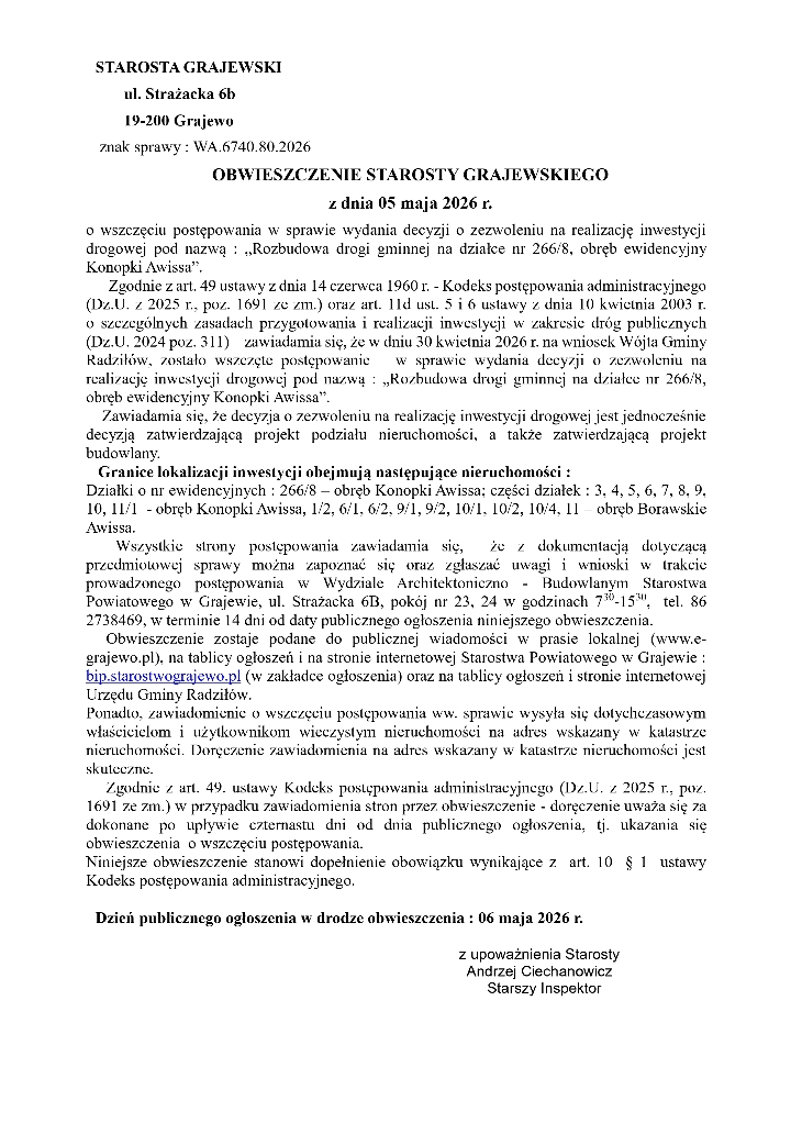 Ogłoszenie Starostwa Powiatowego w Grajewie