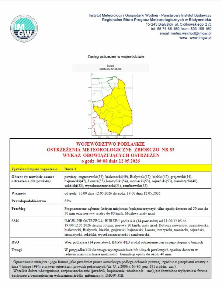 Komunikat meteorologiczny -  możliwe burze!