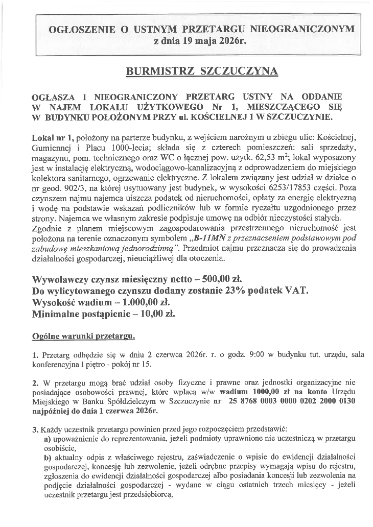 Ogłoszenie Burmistrza Szczuczyna