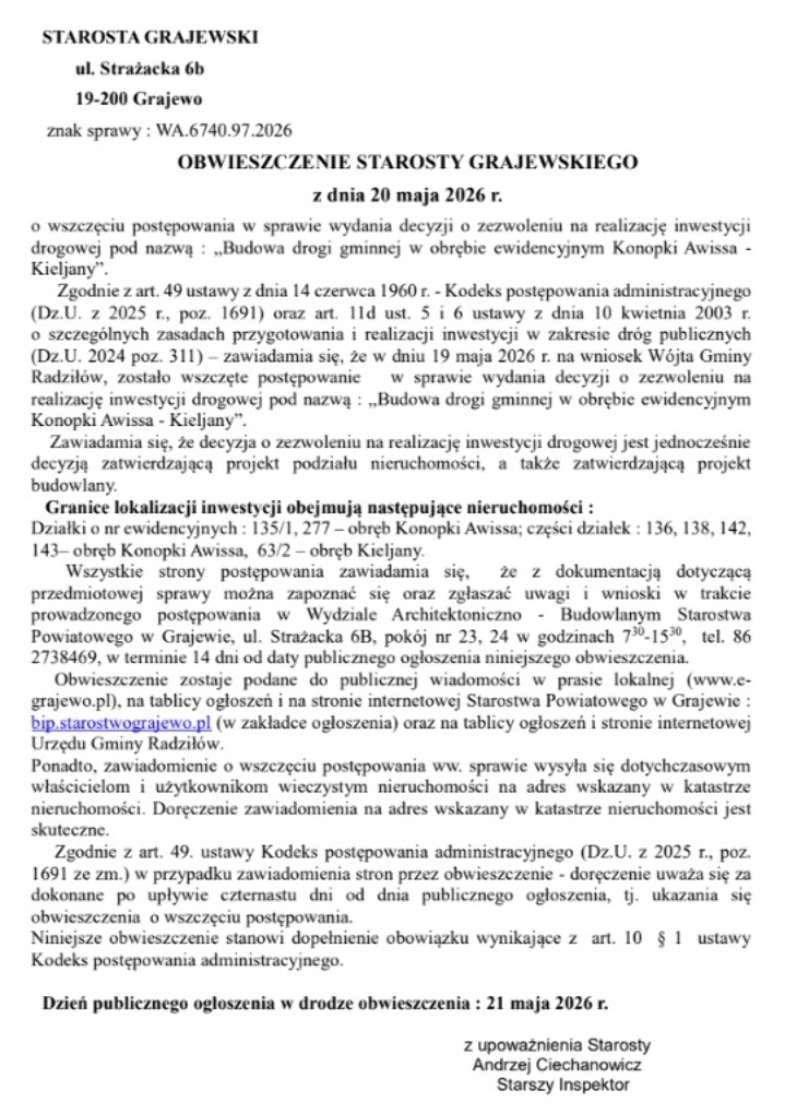 Obwieszczenie Starosty Grajewskiego z dn 20.05
