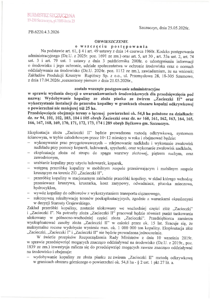 Obwieszczenie Burmistrza Szczuczyna