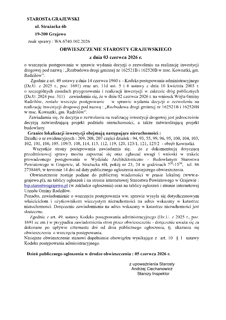 Obwieszczenie Starosty Grajewskiego 